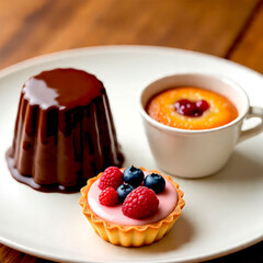 Chocolate pudding, mugcake, cheesecake with raspberries.