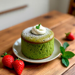 Matcha cake on a plate with cream and strawberries.