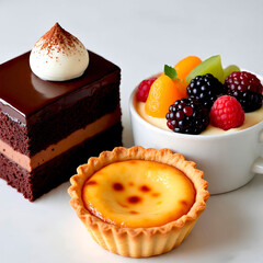 Chocolate cake, yogurt with berries, cheesecake.