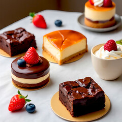 chocolate cake with strawberry, cream, cheesecake, brownie