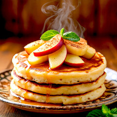 stack of pancakes with syrup and apples