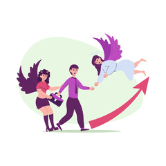 Business partnership concept Businesswoman helps businesswoman fly up on red arrow symbolizing success