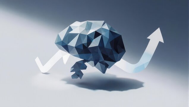 Unlock innovative ideas with a dynamic, geometric brain symbol and upward growth arrow representing progress and strategic thinking.