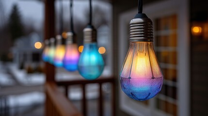 Hanging colorful outdoor string lights with retro style bulbs illuminating