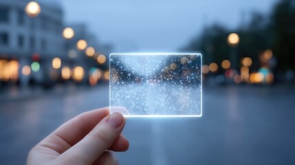 Hand Holding Transparent Card with Glowing Particles on Urban Street at Dusk