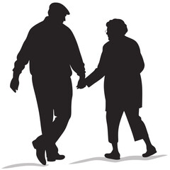 Elderly couple holding hands walking together in silhouette with shadows on white background symbolizing companionship and love