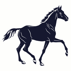 Elegant dark blue silhouette of a majestic horse in motion with a flowing mane and tail against a white background