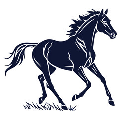 Elegant dark blue silhouette of a powerful horse galloping across a field of grass with flowing mane and tail