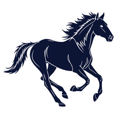 Elegant dark blue silhouette of a powerful horse galloping freely with its mane and tail flowing dynamically against a clean white background