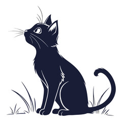 Elegant silhouette of a black cat sitting in grass looking upwards with curious eyes and curled tail