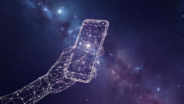 Stunning digital hand holding futuristic smartphone network against vibrant galaxy, representing global connection and innovation.