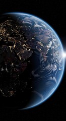 Vast Earth from space half illuminated by city lights across continents half bright with clouds over oceans and a luminous glow at the atmospheric edge
