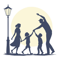 A happy family of four silhouetted against a large moon and a street lamp enjoying an evening stroll together