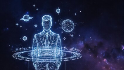 Futuristic businessman hologram surrounded by glowing planets and stars, representing global business and innovation in digital space