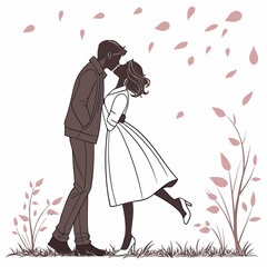 Romantic couple silhouette kissing in a field of falling leaves and delicate branches on a white background