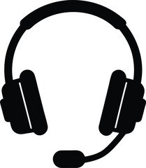 Simple black and white illustration of a headset with microphone depicted