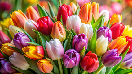 Naklejka premium A vibrant bouquet of colorful tulips in full springtime bloom