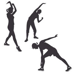 Three diverse female silhouettes engaged in various dynamic stretching and exercise poses on a clean white background