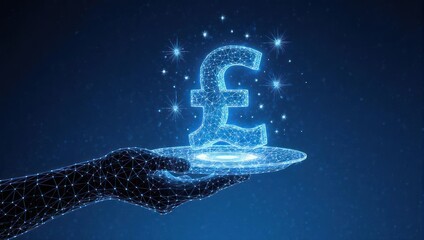 Stunning digital pound symbol glows brightly as a futuristic hand offers it on a glowing platform, symbolizing financial growth and innovation.