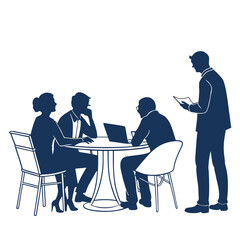 Diverse business professionals collaborating around a table with a laptop and one standing presenting ideas