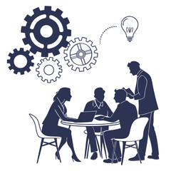 Business team collaborating around a table with gears and a lightbulb symbolizing innovation and teamwork