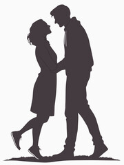 Romantic silhouette of a young couple embracing and gazing lovingly at each other on a grassy field