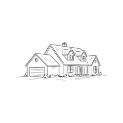 Sketch of a private house with a garage. Hand-drawn black and white line art vector illustration of a residential building. Real estate architecture concept.
