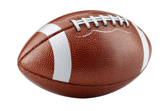 A close-up of a brown American football with white stripes and laces, typical of sports equipment. - Powered by Adobe