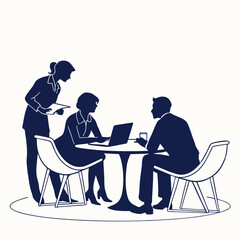 Three business professionals in silhouette collaborating around a table with a laptop and documents discussing ideas in a modern office setting