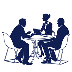 Three business professionals in silhouette meeting around a table with a laptop and coffee discussing ideas