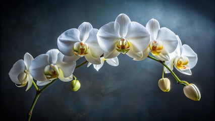 Elegant white orchids bloom beautifully against a dark moody background