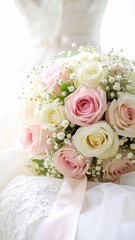 Obraz premium Bridal bouquet of white and pink roses with baby's breath resting on a white lace wedding dress, soft and romantic feel