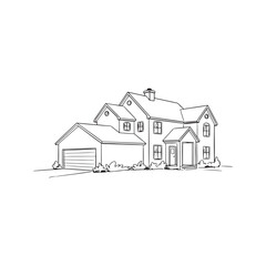 Sketch of a private house with a garage. Hand-drawn black and white line art vector illustration of a residential building. Real estate architecture concept.
