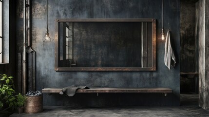 Rustic industrial interior with metal mirror and wooden bench