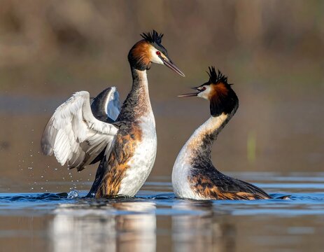 Two great crested grebes in a playful interaction on a lake