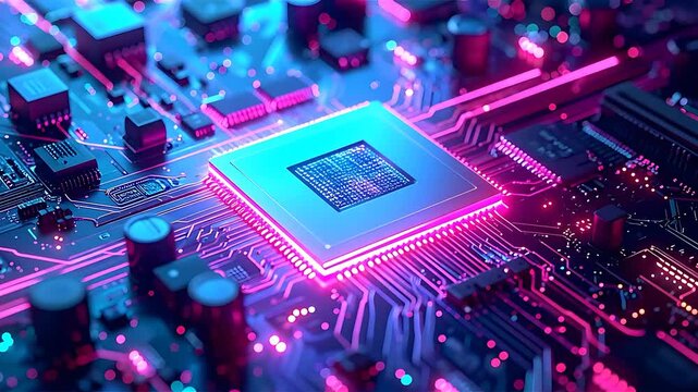 A glowing central processing unit on a complex circuit board, illuminated by futuristic pink and blue neon lights.