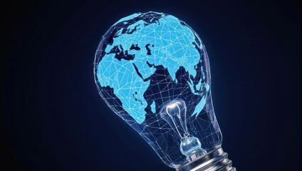 Global innovation concept electric light bulb glowing with digital earth wireframe network connecting continents ideas lighting up