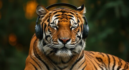 Fototapeta premium Photorealistic image of a majestic tiger wearing black headphones, eyes closed in a relaxed pose. The animal is set against a natural green forest background, perfect for wildlife-themed music promoti