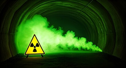 A triangular radiation warning sign sits at the entrance of a tunnel filled with green toxic smoke.