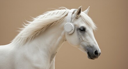 Photorealistic image of a graceful white horse wearing sleek white headphones, head lowered in a calm pose. The animal is isolated on a neutral beige background, ideal for music promotions, equestrian