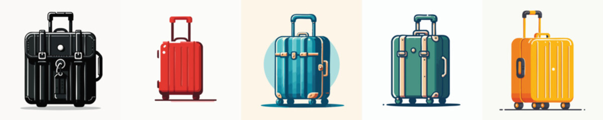 Flat Design Travel Suitcase Vector Set – Modern Trolley Luggage in Black, Red, Blue, Green, and Yellow