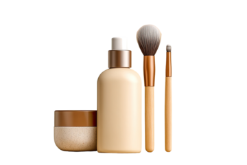 Beige skincare and makeup set.  Cream serum bottle, small jar, and two makeup brushes in muted brown and beige