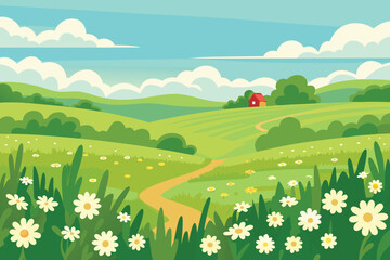 Fototapeta premium A peaceful countryside landscape featuring a winding path and a small red house