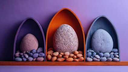Decorative stones nestled in painted wooden arches.