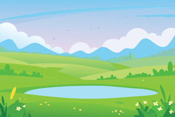 Obraz premium A serene cartoon landscape with rolling hills a pond and fluffy clouds