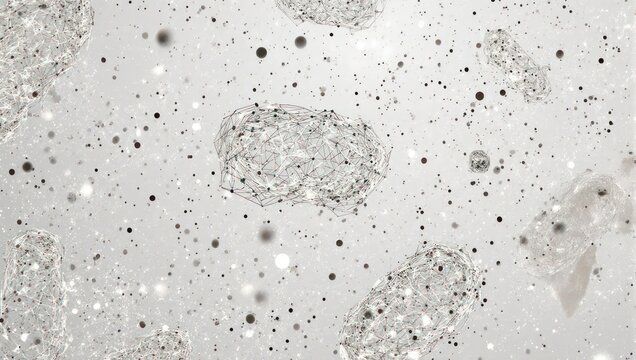 Abstract geometric network clusters float in a shimmering particulate background, representing data, science, or innovation with a modern, clean aesthetic.