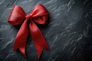 Red satin ribbon bow on dark stone background