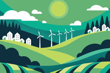 Fototapeta premium Scenic landscape featuring wind turbines hills and a small town