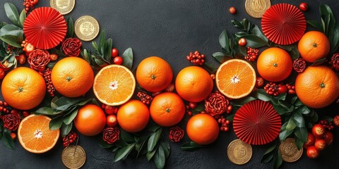 Festive Oranges Red Accents and Gold Coins Composition