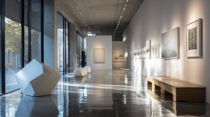 Obraz premium Bright gallery corridor with geometric sculpture, art, bench, and windows reflecting trees